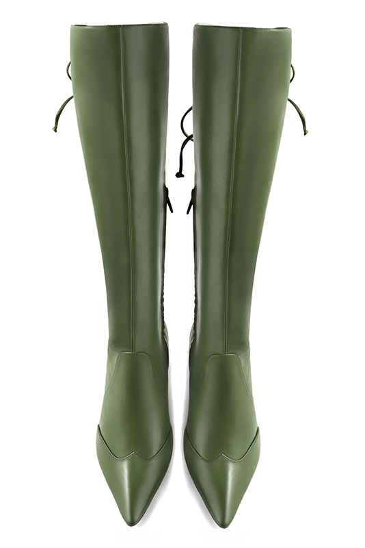 Forest green women's knee-high boots, with laces at the back. Tapered toe. Medium cone heels. Made to measure. Top view - Florence KOOIJMAN